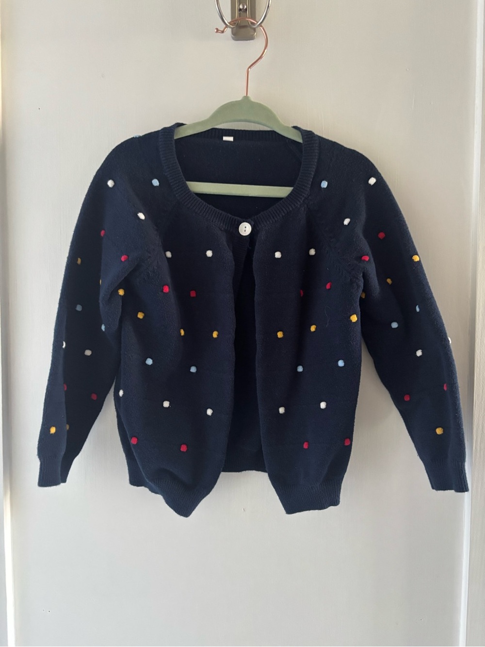 Girls Navy Polka Dot Knit Cardigan Sweater—4T